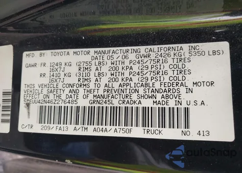 2006 Toyota Tacoma Base V6 z USA, uszkodzony, nr VIN 5TEUU42N46Z276485